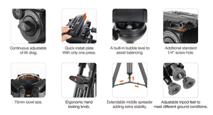 E-IMAGE EK523 Kit de Trípode Flexible Profesional de Fibra de Carbono con Bolsa de Transporte, Capacidad de Carga de 10 kg, Portátil para Cámara de Video - Product Image 3