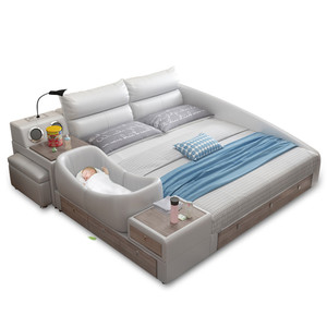 Moderno dormitorio de lujo diseño italiano rey tamaño de cuero genuino negro cama de masaje - Product Image 4