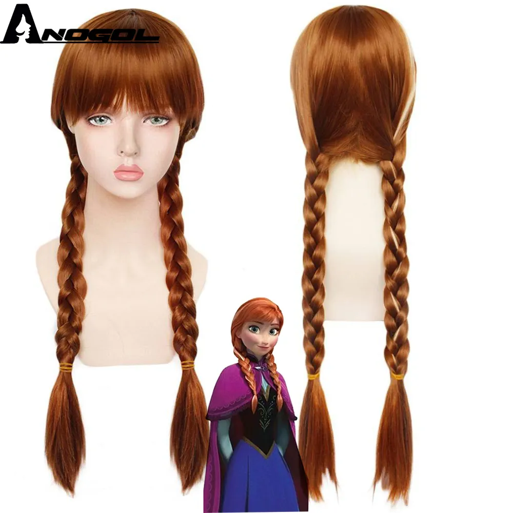 Anogol Frozen Snow Princess Anna Cosplay Wig Brown Double Braid Wigs Synthetic Hair Wigs for Halloween Costume Party