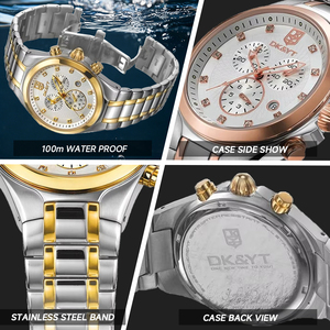 นาฬิกาข้อมือผู้ชายสแตนเลสสตีลหรูหราใหม่ แสดงวันและวันที่ กันน้ำ 10ATM เรืองแสง ควอตซ์ - Product Image 3