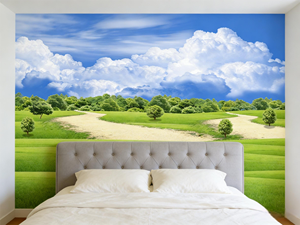 Papel Tapiz Impermeable de Paisaje Campestre Verde Fresco |   Mural de Paisaje Natural con Diseño Moderno de Cielo <span class=keywords><strong>Azul</strong></span> y Nubes Blancas para - Product Image 3