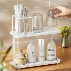 Organisateur de maquillage à 2 niveaux pour salle de bain, accessoires de comptoir, étagère de rangement pour cosmétiques, plateau de vanité sur pied - Product Image 1