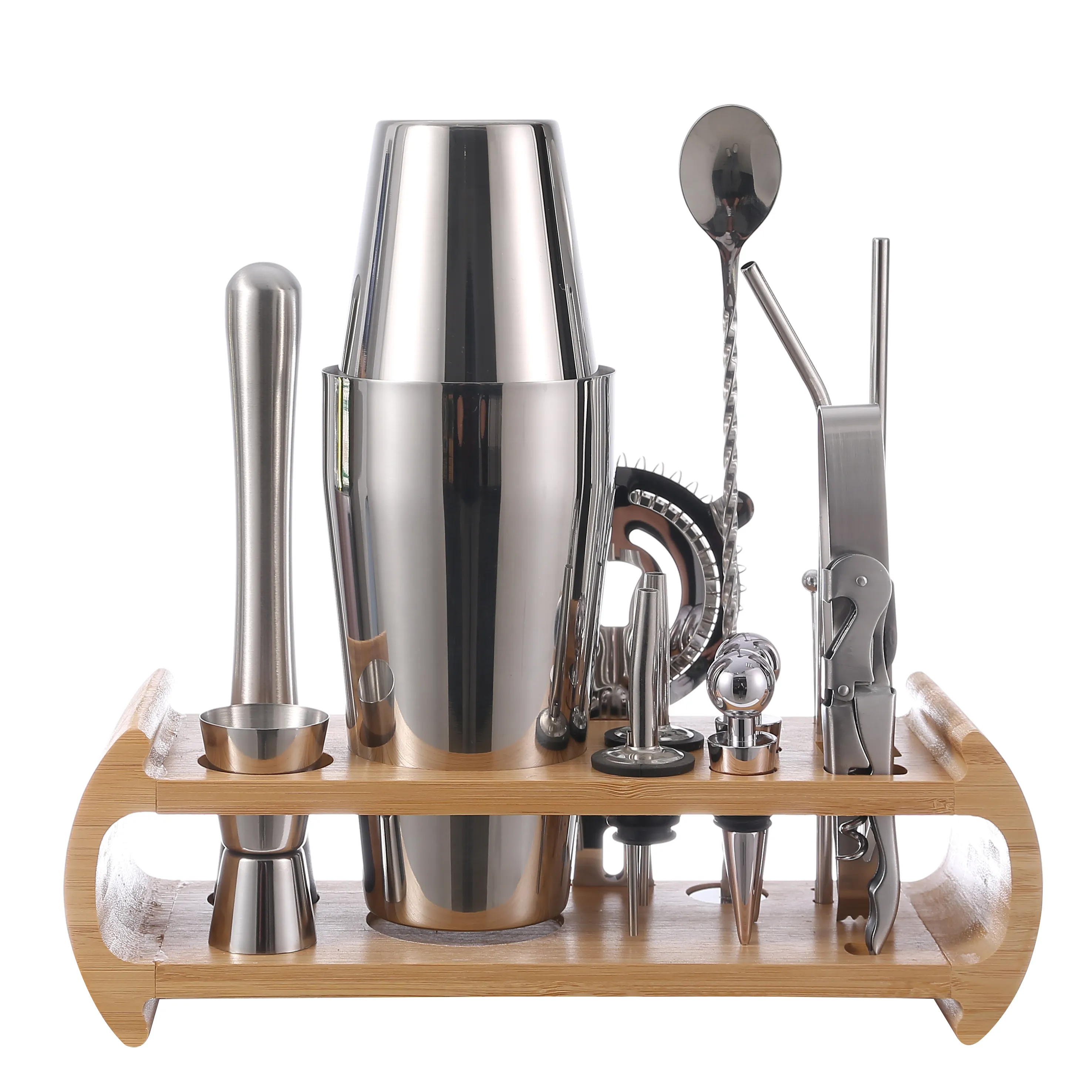 Premium Bar Accessories Bartender Kit Cocktail Shaker Set Stainless Steel with Bamboo Stand