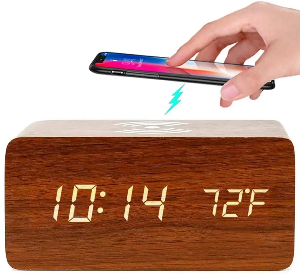 Promotional Decorative Digital Alarm Clock Qi Wireless led wooden watch table voice activated