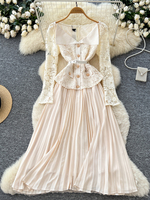 Robe midi plissée élégante de style français avec col à revers, dentelle et ceinture boutonnée pour femme – Collection Automne