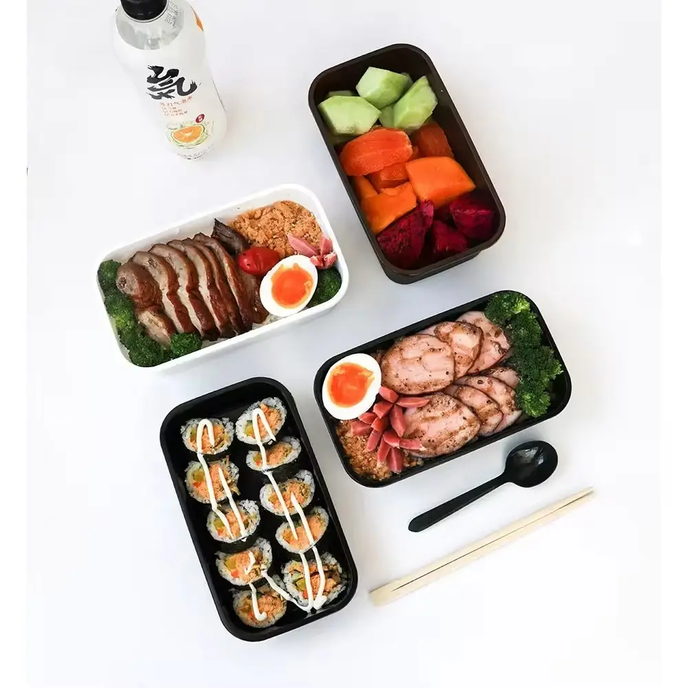علبة طعام بلاستيكية على الطراز الياباني قابلة للتحلل صينية طعام مستطيلة من مادة بولي بروبلين علبة طعام بينتو للحمل