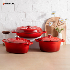 TRESUN Red Enamel Cast Iron Soup <b>Pots</b> With Lids Double Handle Oven Safe Modern Design <b>for</b> Gas and <b>Induction</b> Cooker - Product Image 1