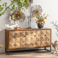 Buffet en bois rustique artisanal antique avec 8 tiroirs, structure métallique industrielle, console d'entrée pour salon