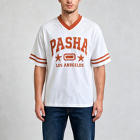 Chemises en tissu 100% coton 220 grammes avec broderie appliquée Highstreet, col en V, manches courtes, taille oversize, t-shirts de sport respirants pour hommes