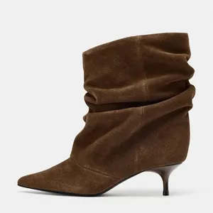 Bottines d'hiver imperméables à lacets, bout pointu, plissées, rétro, élégantes, de créateur pour femmes - Product Image 3