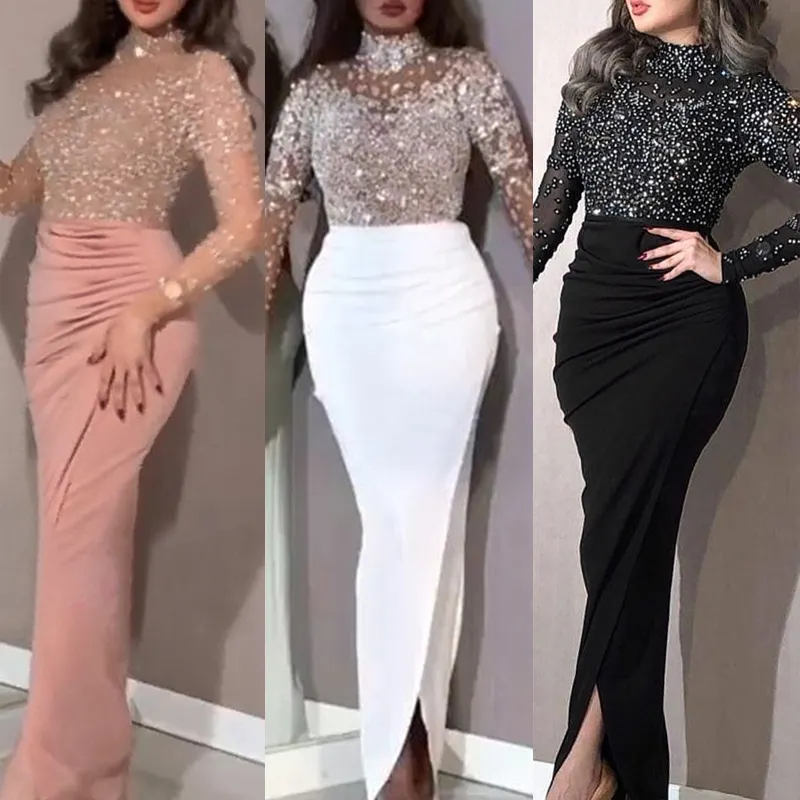 2021 Amazon Hot Style Women Gauze Patchwork High-waisted Long-sleeve Dress Sequin Evening Dress