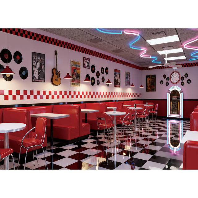 Retro 50s American Diner Photography Backdrop Red Black Checkered Floor Background Customizable Rock 'n' Roll Party Banner