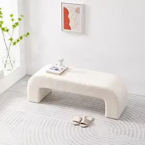 Nordic Design Wood Seat Bench Boucle Sherpa Fabric Upholstery Living Room Bench Sitting Shoe Change Bench Ottoman