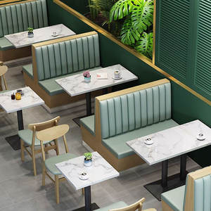 Mobília de madeira luxuosa do restaurante ajustada jantando a cadeira e a tabela do mármore artificial Assento cinzento amarelo da cabine do couro - Product Image 3