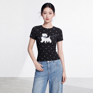 Women's Short Sleeve Loose Fit Knitted Chiffon Crop Top Dog Embroidery <b>Y2K</b> Eco-Friendly Vintage Breathable Spring Cute Style - Product Image 2