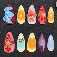 Lot de 10 faux ongles en gel souple peints à la main, courts, en forme d'amande, avec fleurs 3D en gel, épais, en acrylique, pour revendeurs en gros