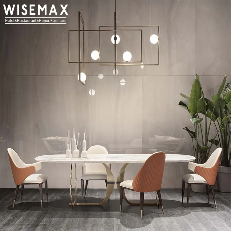 WISEMAX mobilya sıcak satış ev mobilyaları Modern lüks beyaz <span class=keywords><strong>dikdörtgen</strong></span> mermer <span class=keywords><strong>yemek</strong></span> paslanmaz çelik ayaklı masa