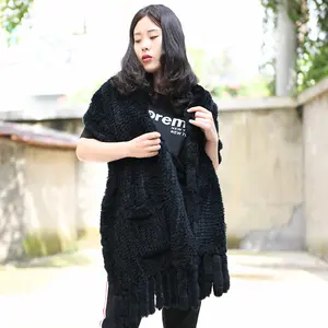 CX-B-01C vendita diretta in fabbrica da donna fascia di pelliccia a mano vera pelliccia di coniglio scialle con frange