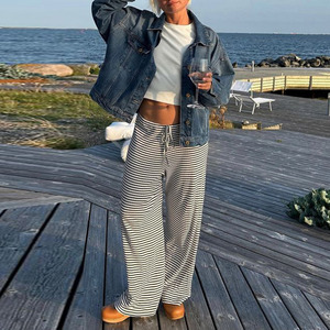 Pantalones Anchos de Mujer 2025 - Pantalones Casuales de Cintura Alta a Rayas, Cintura con Lazo, Corte Recto y Holgado con Dobladillo Largo - Product Image 6