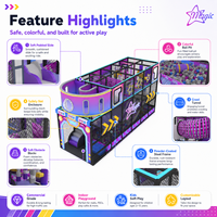 Aire de jeux intérieure sur mesure au design cyberpunk tendance avec piscine à balles, toboggan et corde d'escalade