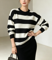 Pull en tricot côtelé à rayures colorées vintage pour femme, respirant, à manches longues, col rond, doux et ajusté pour le quotidien