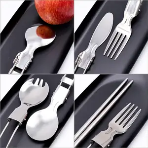 NPOT 5PCS Stainless Steel Travel Utensils Camping Portable Cutlery Set Knife Fork Spoon Chopsticks for Lunch Box Workplace Camp