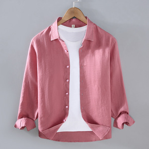 Camicie da <span class=keywords><strong>Uomo</strong></span> 100% <span class=keywords><strong>Lino</strong></span> Anti-Pilling in Broadcloth per Ufficio e Casual, Moda Primavera-Estate con Colletto Rovesciato - Product Image 2