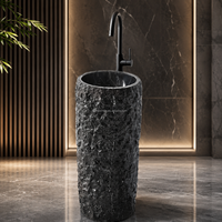 Lavabo sur pied rond en marbre noir Marquina à surface naturelle, fabrication directe d'usine, taille personnalisée pour la décoration de salle de bain d'hôtel et de villa
