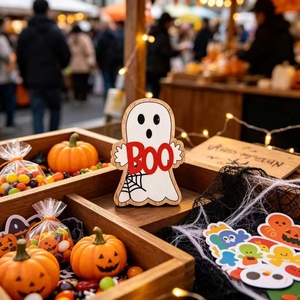 Decorazione di Halloween in Legno a Forma di Fantasma, Insegna BOO, Ornamento Sospeso a Cartone Animato, Decorazione da Tavolo e Mensola per Feste e Casa, Spaventosa - Product Image 4