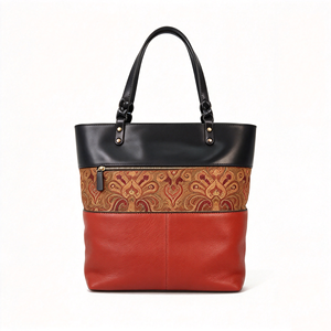 Sac fourre-tout pour femme à blocs de couleur, sac à main de travail vintage en cuir PU avec empiècements jacquard, grande capacité - Product Image 4