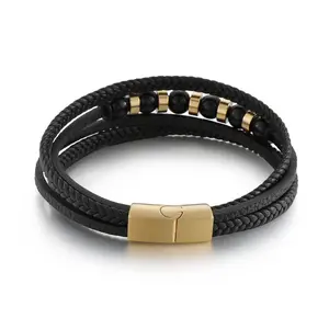 KALEN Men Casual 210mm braided leather bracelet with Stainless Steel Beads