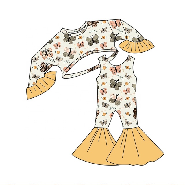 Duty Free Customized Factory Girl Trumpet Sleeve butterfly Print Jumpsuit Set for Spring Hot Selling Girls 2-piece Set