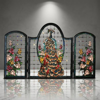 Écran de cheminée en verre teinté personnalisé, 3 panneaux pliants, motif paon, forme cathédrale, style victorien, décoratif
