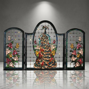 Paravent en verre teinté personnalisé, 3 panneaux, paon et fleurs, forme de cathédrale, style victorien, verre décoratif autoportant - Product Image 2