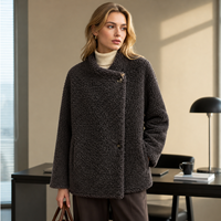 Veste courte en laine véritable pour femme, couleur gris chiné café foncé, col rond, poche boutonnée, vêtement d'extérieur d'hiver, personnalisable