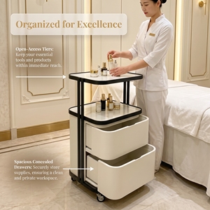 Modern Wood Double Glass Top 4-Wheel Beauty Trolley 2-Drawer Rolling Salon <b>Storage</b> <b>Cart</b> for Facial Lash Spa Clinic - Product Image 3