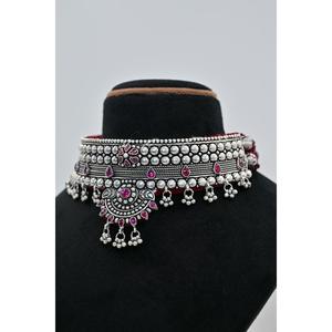 Ethnic <b>Silver</b> Plated Vintage <b>Choker</b> Necklace with Pink Amethyst Flower Design Women's Gift Jewelry Beaded Chain Style - Product Image 2