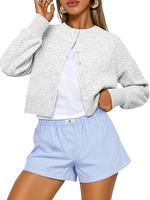 Chemisier/Blouse en maille gris clair pour femme, coupe courte, boutonné, manches longues, anti-boulochage, style vintage, fin, décontracté, idéal pour l'été et le bureau, parfait pour la superposition