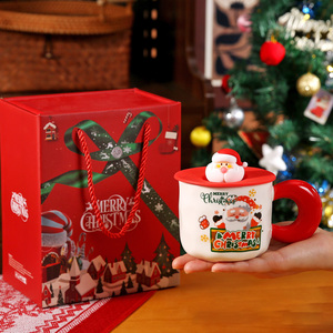 Excellent <span class=keywords><strong>Prix</strong></span> Tasse à Café en Céramique et Porcelaine Mignonne de Noël 400 ml, Cadeau, Mugs de Noël en Céramique Rouge Vert Cartoon avec Couvercle Père Noël - Product Image 6