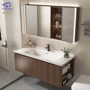 Meuble de salle de bain intelligent marron avec vitrine en verre, lavabo blanc, armoire murale - Product Image 1