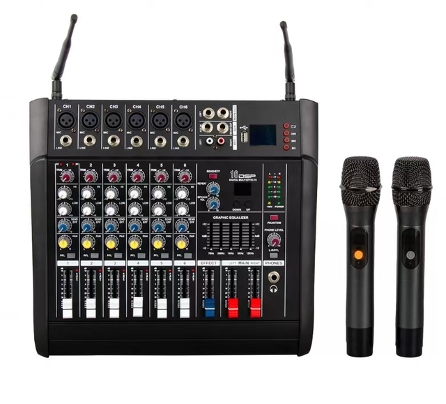 Professional 6 Channel Sound Mixer Built-in Amp with Dual Wireless Mics, Karaoke Stage Studio DJ Controller/Audio Console Mixer