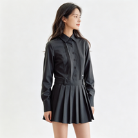 Schwarzes Plissiertes Hemdkleid für Damen Langarm Pintuck-Front Minikleid mit Kragen Elegantes Büro-Outfit für Herbst und Winter