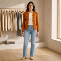 Cardigan en tricot caramel pour femme, ouvert sur le devant, bord festonné, boutons dorés, tricot fin, collection boutique