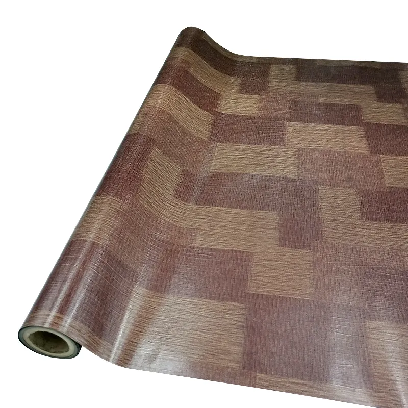 Revêtement de sol carré en plastique de Grain de bois brun vinyle Pvc linoléum rouleau de revêtement de sol tapis feuille de tapis stratifié