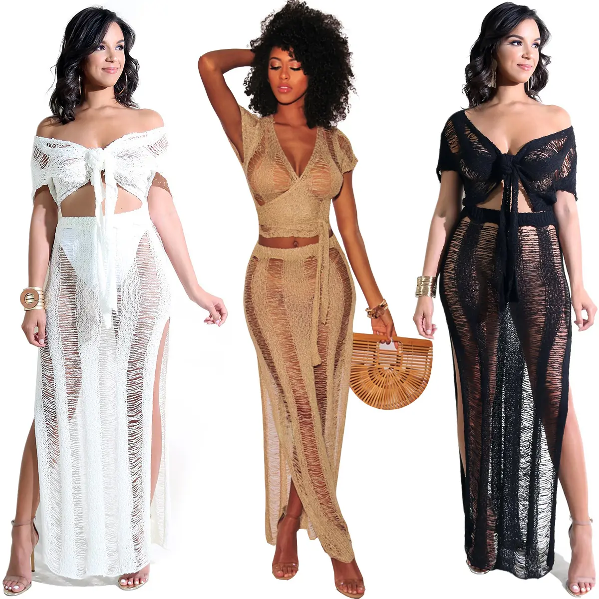 Sexy Women Hollow Perspective Crochet Knit Skirt Beach Two Pieces Cover Up Bikini