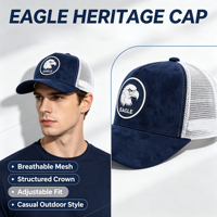 Casquette de camionneur ajustable en daim bleu marine avec patch circulaire en caoutchouc Aigle et calotte structurée en maille blanche, idéale pour la chasse, la pêche et les activités de plein air