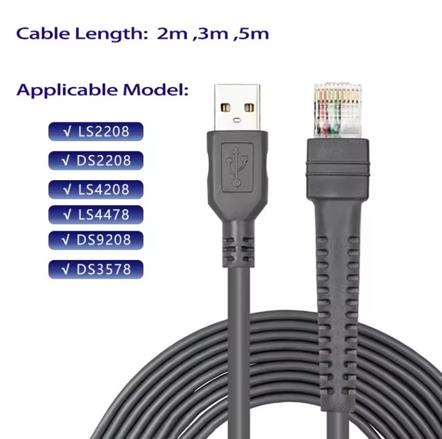 LS2208 USB to RJ45 Cable CBA-U01-S07ZAR Dura-Gray For Zebra Symbol Barcode Scanner Ls2208ap Ls1203 Ls4208 Ls4278 Ds6707 Ds6708