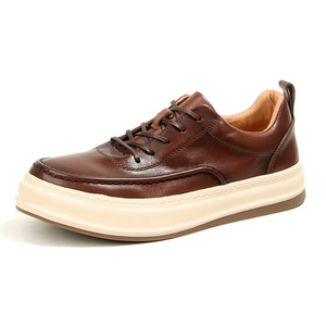 Horsehide Sneakers Lace Up <b>Cushioned</b> Chunky Shoes For Youth Brown - Product Image 1
