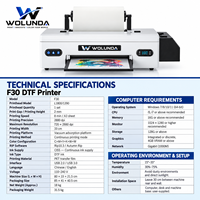 Imprimante DTF Wolunda A3 F30 330 mm, imprimante à transfert direct sur film, tête L1800 1390 avec circulation d'encre blanche pour l'impression sur t-shirts