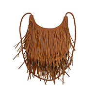 Sac à bandoulière marron caramel à franges et pompons pour femme, style bohème, forme croissant, sac hobo, sac bandoulière avec fermeture éclair